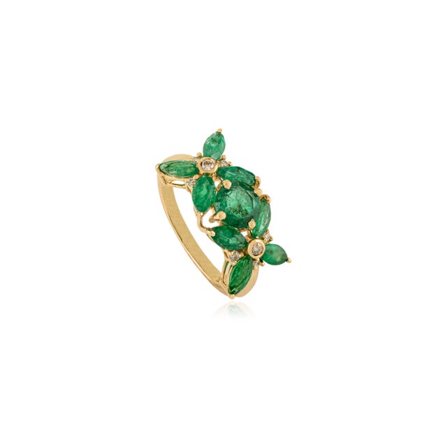 Mid-Century Modern 3 Carat Natural Emerald Cluster Engagement Ring With Diamonds in 14k Gold Size 5.5 For Sale - Image 3 of 13