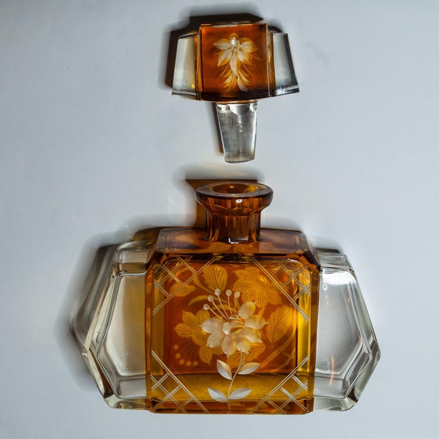 Art Deco 1930s Bohemian Amber Crystal Decanter Set – 6 Piece Art Deco Karl Palda Style For Sale - Image 3 of 11