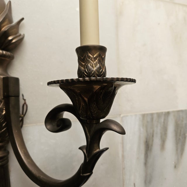Large Neoclassical Regency Bronze Flame Motif Wall Sconces - a Pair For Sale - Image 10 of 11