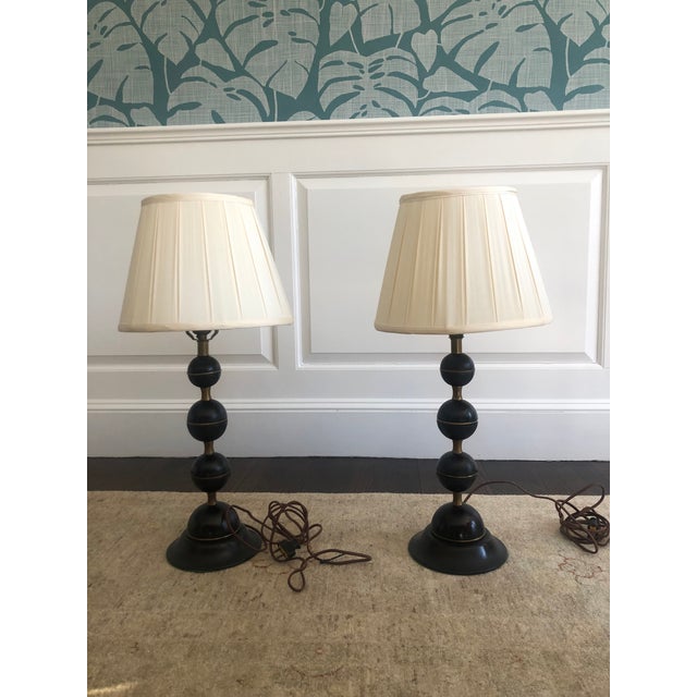 Brass and Wooden Stacked Ball Table Lamps - a Pair For Sale - Image 12 of 12
