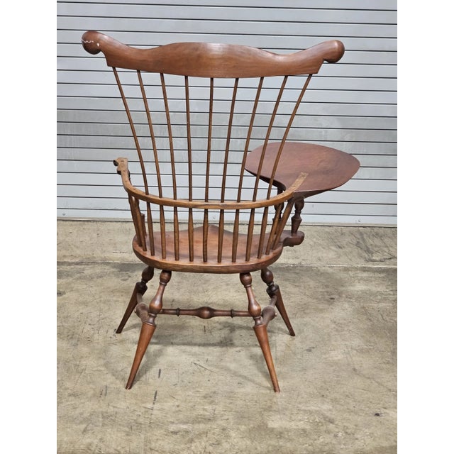 Late 20th Century Windsor Style Desk Fan Back Writing Arm High Back Chair Bench Made Ohio For Sale - Image 9 of 11