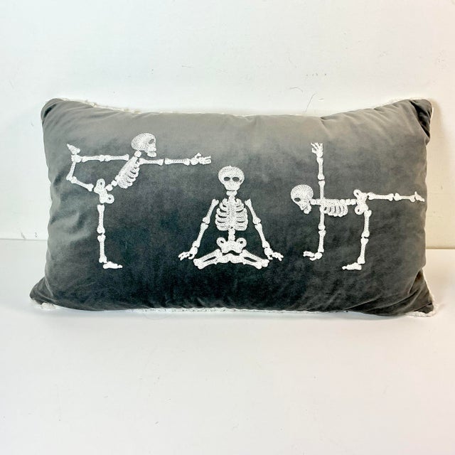 Late 20th Century 1990s Vintage Boho Chic Skelton Yoga Lumbar Decorative Halloween Pillow, Feather-Down For Sale - Image 5 of 15