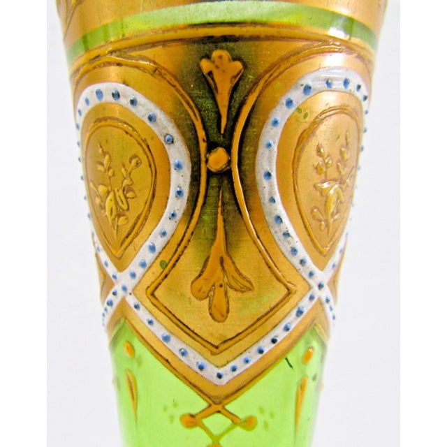 Antique Bohemian Moser-Style Green Glass Stick Vase Gold Gilding and Enamel For Sale - Image 11 of 12