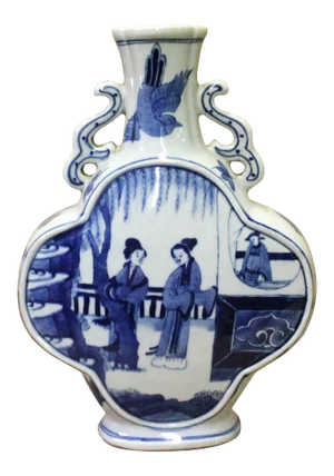 Chinese Blue White Porcelain People Theme Flower Shape Vase