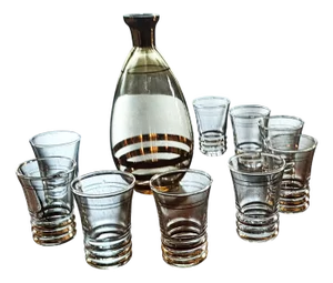 Gilded Decanter and Literary Glasses, 1950s, Set of 10