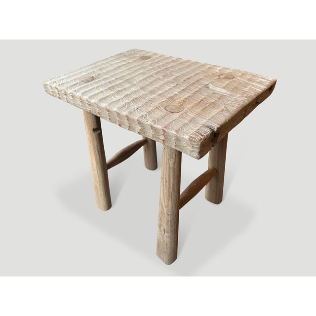 Contemporary Andrianna Shamaris Bleached Teak Wood Hand Carved Stool or Side Table For Sale - Image 3 of 5