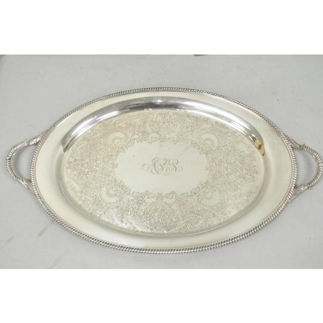 Vintage English Victorian EGW&S Silver Plated Oval Serving Platter Tray with Illegible Monogram. Circa Mid 20th Century....
