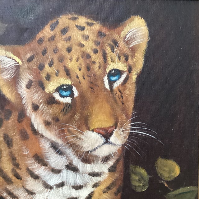 Vintage Wildlife Oil Painting on Canvas "Leopard Cub" Signed Framed For Sale - Image 10 of 12