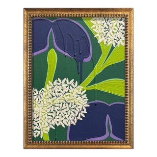 Ron Giusti Mini Tsubasa Orchid and Allium Jade Navy Acrylic Painting For Sale