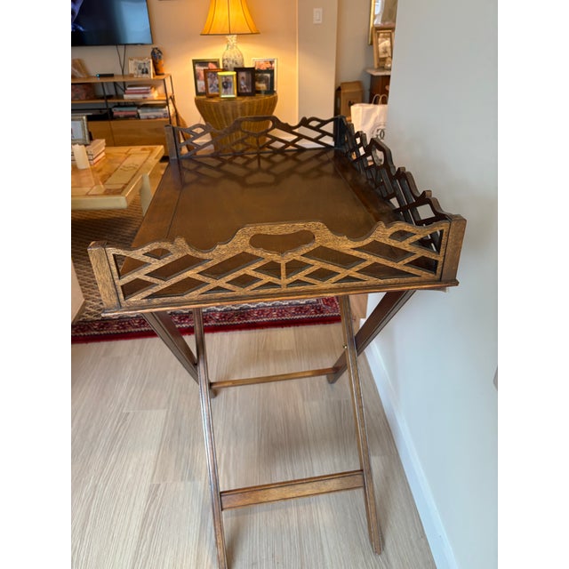 Mid-Century Modern Vintage Mahogany Butlers Tray on Folding Stand For Sale - Image 3 of 4