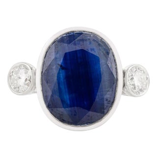 Art Deco Oval Sapphire Diamond 18k Gold Cocktail Ring Size 5 For Sale