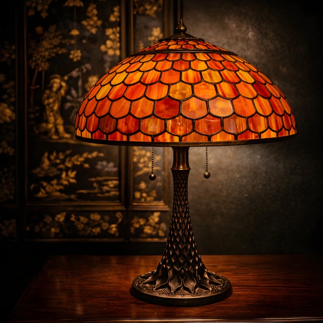 Metal Vintage Certified Thomas Pacconi Table Lamp Stained Glass Fish Scale Design For Sale - Image 7 of 13