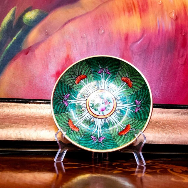 Final Clearance Horchow Neiman Marcus Brass Emerald Green Cabbage Butterfly Famille Rose Dish 1970s For Sale - Image 17 of 18