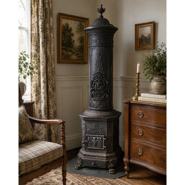Impressive antique European cast iron parlor stove or heater, circa 1890, standing approximately 70 inches high and richly...