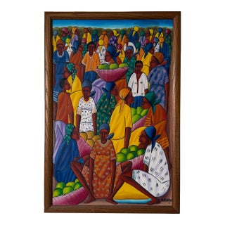 1980’s André Guervil Haitian Folk Art Market Scene Oil on Canvas Painting, Wood Framed For Sale