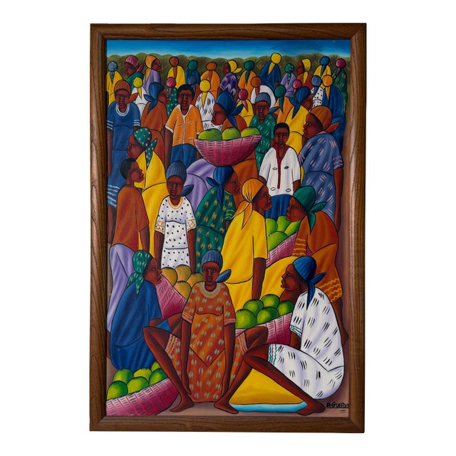 1980’s André Guervil Haitian Folk Art Market Scene Oil on Canvas Painting, Wood Framed For Sale
