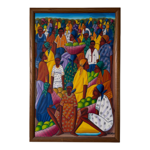 1980’s André Guervil Haitian Folk Art Market Scene Oil on Canvas Painting, Wood Framed