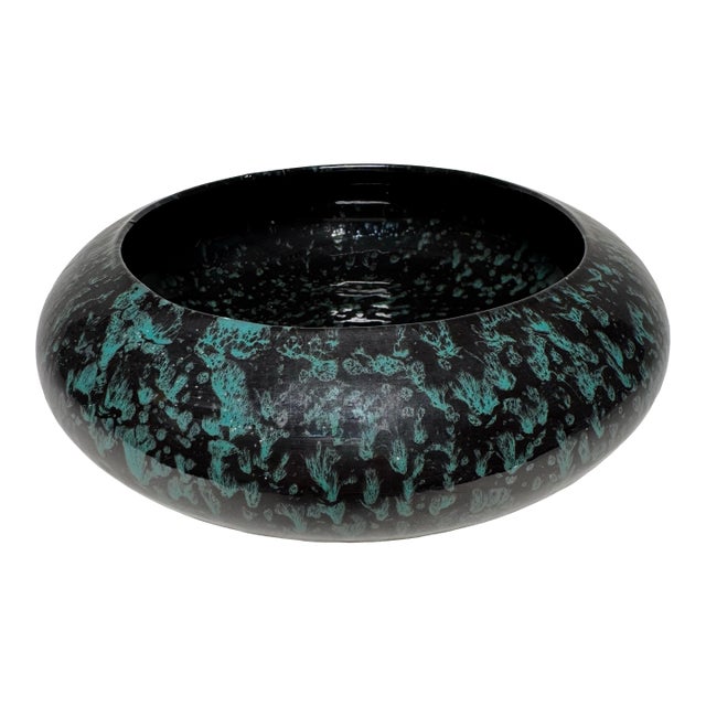 Vintage Contemporary Modern Turquoise & Black Splatterware Ceramic Low Decorative Bowl For Sale
