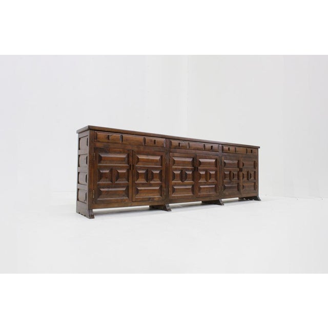 Vintage Spanish Brutalist Sideboard with carved geometric front and sides. Beautiful piece from the 1970s Spain. Excellent...
