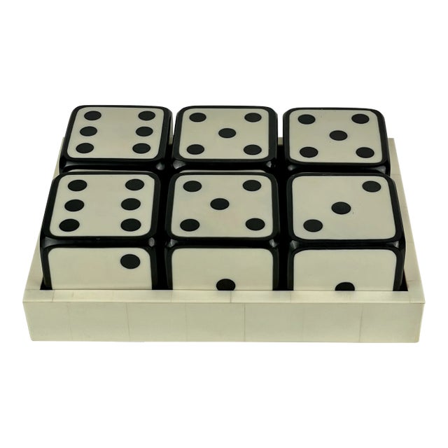 Vintage Large White Enamel Over Wood Dice Set With Tray- 7 Pieces For Sale