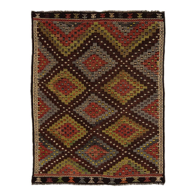Vintage Persian Soumak Handmade Burnt Orange Geometric Wool Rug For Sale