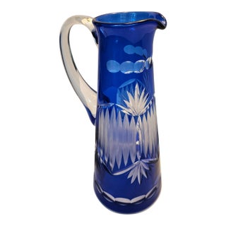 1960s Blue Crystal Pitcher With Striking Deep Cut Design, Made in Poland For Sale