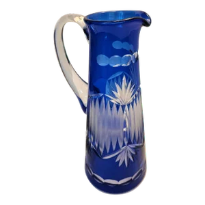 1960s Blue Crystal Pitcher With Striking Deep Cut Design, Made in Poland