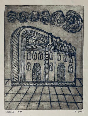 Dora Szampanier, Etching of destroyed synagogue - Ludmir, Poland