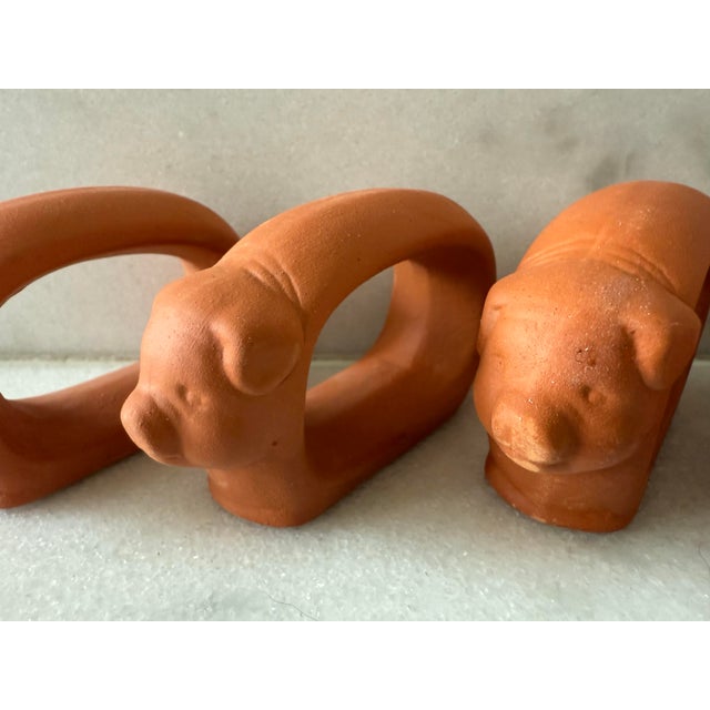 Terra Cotta Set of 4 Vintage Terra Cotta Pig Napkin Rings For Sale - Image 8 of 9