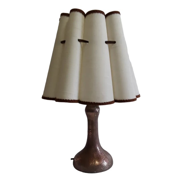 Art Nouveau Table Lamp with Formerly Silver Plated Copper Base & Segmented Beige Fabric Shade with Brown Ribbons For Sale