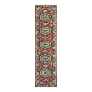 2.6x20Ft. Brunt Orange Light Blue Persian Design Inspired Hand Knotted Wool Runner Rug For Sale