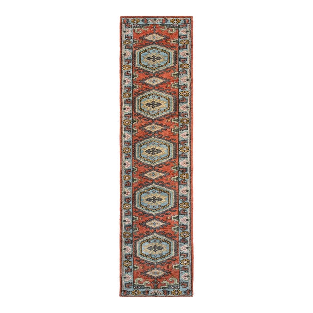 2.6x20Ft. Brunt Orange Light Blue Persian Design Inspired Hand Knotted Wool Runner Rug For Sale