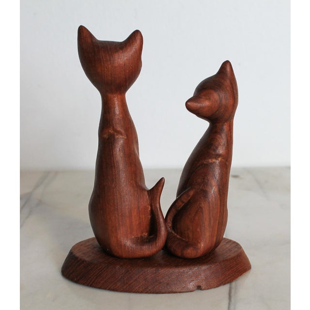 Mid 20th Century Vintage Hand-Carved Wooden Siamese Cat Figurine on Wood Base For Sale - Image 5 of 12