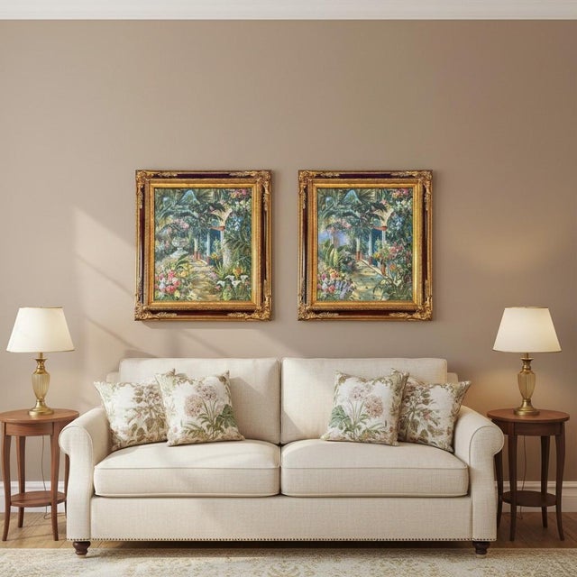 Late 20th Century Vintage K Hillman Oil Paintings Pair-Tropical Garden-Floral-Framed Wall Art For Sale - Image 5 of 11