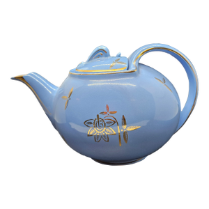 Vintage Hall 0749 Cadet Blue W/Standard Gold, 6-Cup Teapot W/ Hook Lid, 1940s