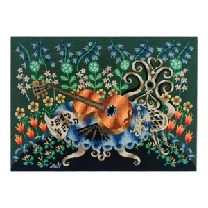 Mid Century French Petit Point Tapestry Still Life With Guitar