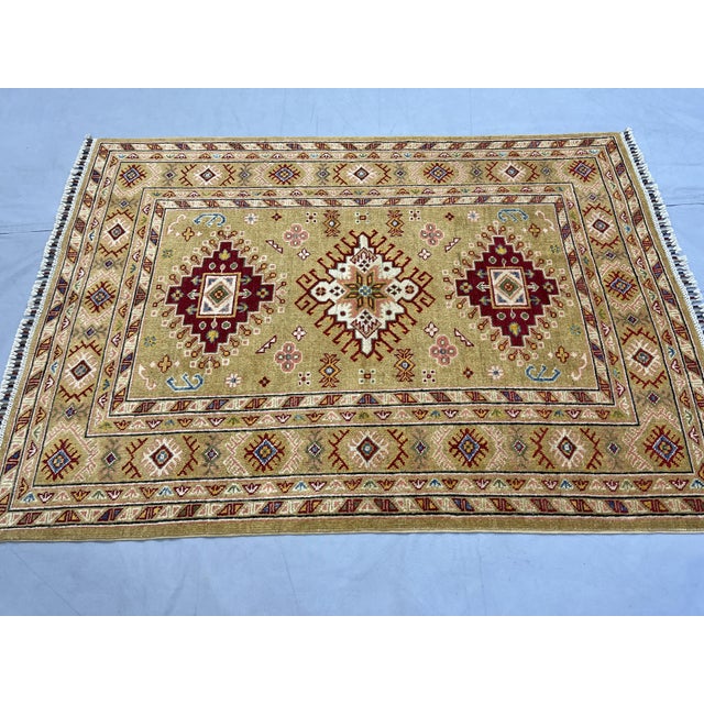 Golden Beige Kazak Tribal Wool Rug With Three Medallions, 4'2" X 5'9" For Sale - Image 4 of 14