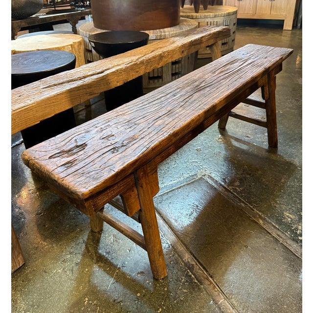 Brown Antique Dark Elm Village Bench For Sale - Image 8 of 8
