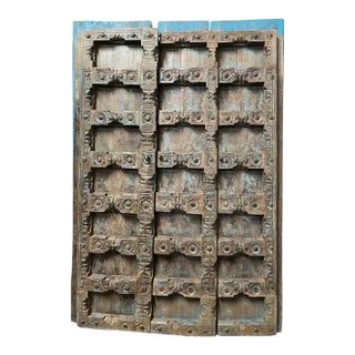 Antique Hand-Carved Teak Barn Door in Blue Patina | Rustic Farmhouse Statement Door 84 For Sale