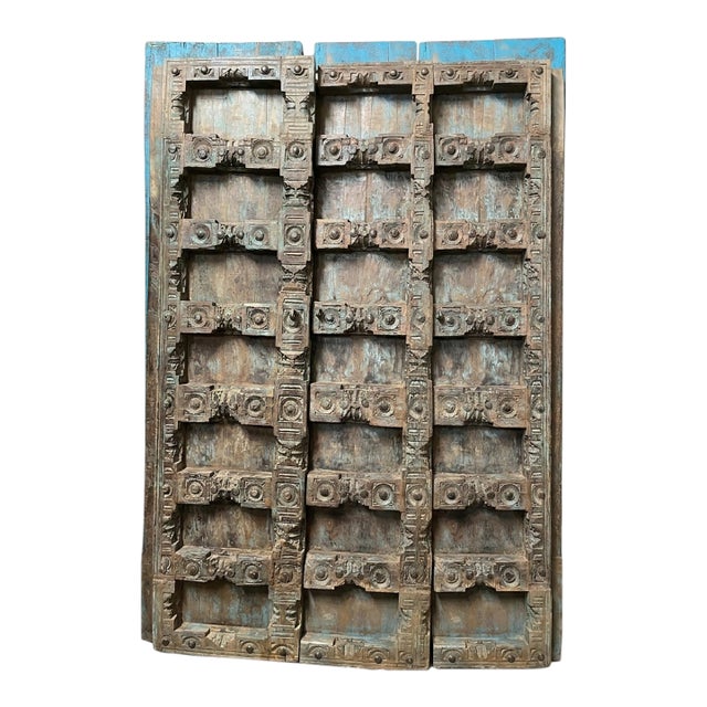 Antique Hand-Carved Teak Barn Door in Blue Patina | Rustic Farmhouse Statement Door 84 For Sale