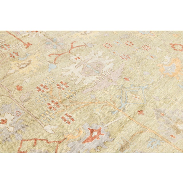 Serene Sage & Coral Modern Oushak Style Handmade Wool Rug 10x10 For Sale - Image 9 of 11