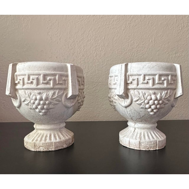 Vintage Concrete Pedestal Urn Planters – Greek Key Grapevine Garden Jardinières - A Pair For Sale - Image 4 of 12