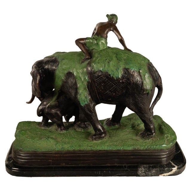 1920s Antique Cast Bronze Elephant Hunt Scene With Lion Antonio Amorgasti Belgium 1925 For Sale - Image 5 of 15