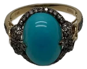 Oval Shape Blue Teal Turquoise Diamond Halo Pave 14k Yellow Gold Ring, Size 7