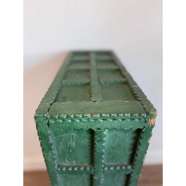 Antique Tramp Art Green Painted Pyramid Carved Étagère Display Cabinet For Sale In Chicago - Image 6 of 16