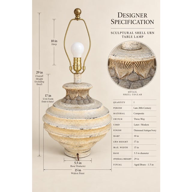 A richly atmospheric late-20th-century table lamp pairing an exceptionally broad sculptural shell urn with a moss-green...