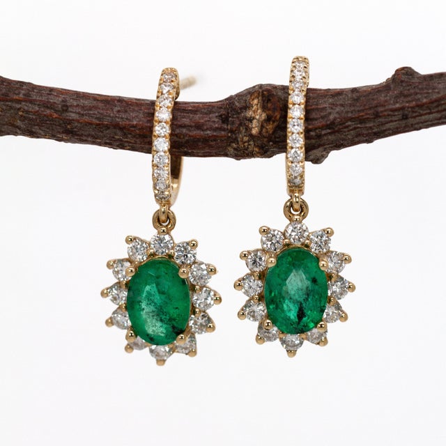 Sunburst Zambian Emerald Earrings W Natural Diamonds in 14k Solid Gold Ov 7x5mm- Set of 2 For Sale - Image 4 of 6