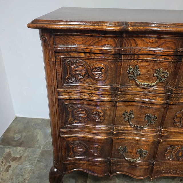 Early 20th C French Louis XV Provincial Carved Oak Arbalète Commode or Chest of Drawers For Sale - Image 4 of 13