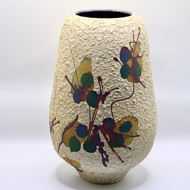 Ceramic 1993 Large Textured Studio Art Pottery Vase With Vibrant Abstract Botanical Glaze For Sale - Image 7 of 9