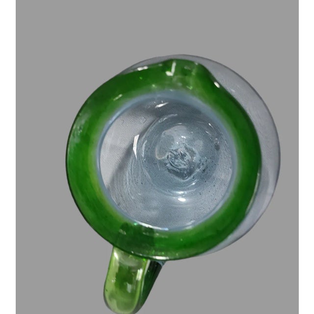 Late 20th Century Vintage Colorful Mexican Hand-Blown Art Glass Attached Handle Pitcher Festive Green Rim For Sale - Image 5 of 6